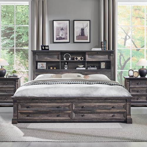 Queen Size Bed Frame with 54" Tall Headboard with 4 Storage Rack, 2 Drawers | 18"Roman Column Decoration Footboard 2Large Footboard Drawers, Wood Platform Bed Frame, No Box Spring Needed(Dark Rustic Oak) - color: Dark Rustic Oak, size: Queen(U.S.Standard)