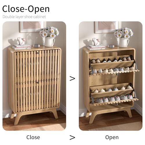 Jluomei Narrow Shoe Cabinet Storage for Entryway, Modern Cabinet Rack with 2 Flip Drawers, Slim Wood Fluted Entry Way Shoe Organizer, Wooden, Small, Farmhouse, Freestanding, Natural Oak - color: Natural