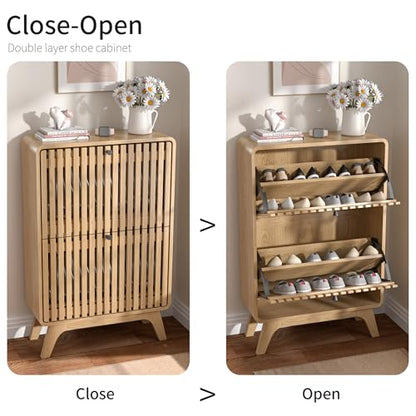 Jluomei Narrow Shoe Cabinet Storage for Entryway, Modern Cabinet Rack with 2 Flip Drawers, Slim Wood Fluted Entry Way Shoe Organizer, Wooden, Small, Farmhouse, Freestanding, Natural Oak - color: Natural