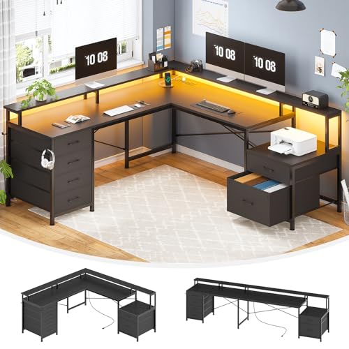 SEDETA L Shaped Computer Desk with 6 Drawer, File Drawer & Power Outlet | 108" Corner Computer Desk with Monitor Shelf, File Cabinet for Home Office/Two Person, Gaming Desk with Led Lights, Black - color: Black