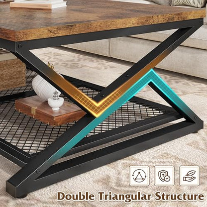 EnHomee Coffee Table, Storage & Shelf, X-Frame Stability, Rustic Brown | Families, Wood & Metal, Holds Magazines & Drinks, Industrial Design, Living Room, 47.2“ - color: Rustic Brown, size: 47.2 Inch