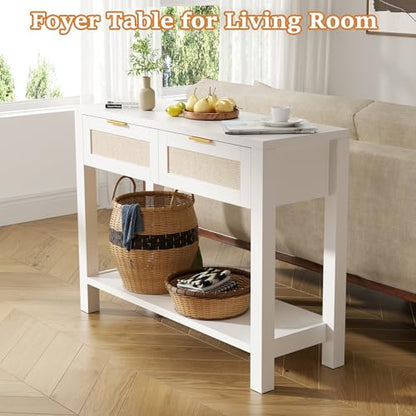 Boho Chic Console Table with 2 Rattan Drawers and Open Shelf Storage, Narrow Farmhouse Sofa Table for Small Space, Entryway, Hallway, Living Room,White - color: White