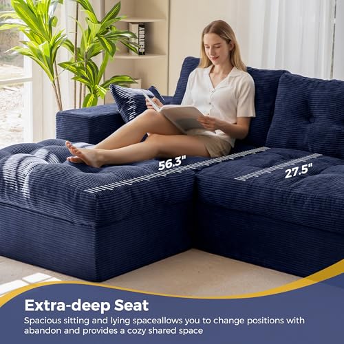 MAXYOYO Boneless Couch, 104-Inch L-Shaped Cloud Couch with Ottoman | Navy Upholstered Sofa Features Layered Cushions and Flexible Modules with No Assembly, Ideal for Modern Living Rooms. - color: Navy, size: 104" L Shape