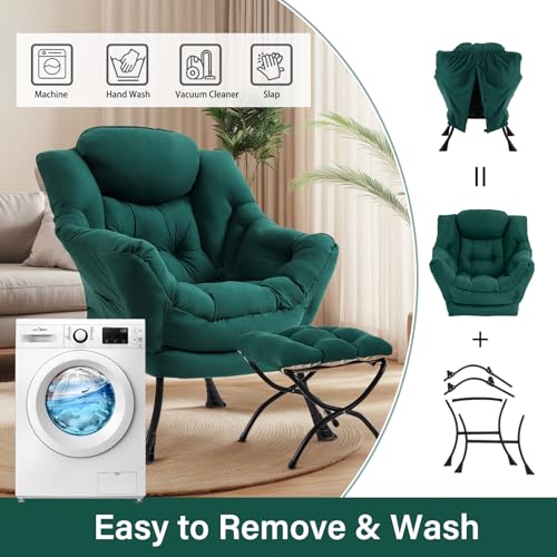 Lazy Chair with Ottoman, Soft Comfy Chair for Bedroom, Green | Reading Accent Lounge Chair with folding Foot Stool for Living Room Dorm Apartment, sturdy metal frame - color: Dark Green
