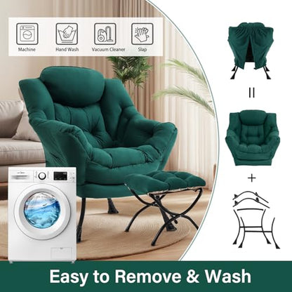 Lazy Chair with Ottoman, Soft Comfy Chair for Bedroom, Green | Reading Accent Lounge Chair with folding Foot Stool for Living Room Dorm Apartment, sturdy metal frame - color: Dark Green