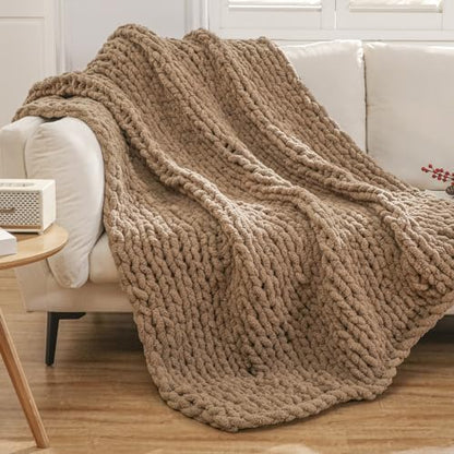 WESHIONGOO Chunky Knit Blanket Throw for Couch Bed 51"×63" Brown | 100% Handmade Knitted Throw blanket Fluffy Soft Blanket With Jumbo Chenille Yarn Thick - color: Brown, size: 51"x63"(Large Size Throw)