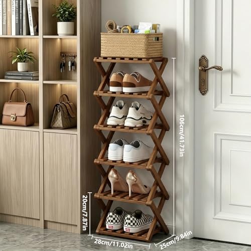 Narrow Shoe Rack, Foldable Bamboo Shoes Shelf for Small Spaces, Multifunctional Vertical Shoe Organizer Tall for Entryway, Closet, Corner, Bedroom, Hallway (Brown, 6 Layers) - color: Brown, size: 6 Layers