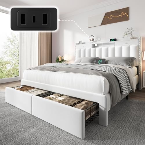 CypBed Full Size Bed Frame with Headboard & 2 Storage Drawers & White | Velvet Upholstered Platform Bed Frame with 3 USB & Type-C Charging Ports, Solid Wood Slats, No Box Spring Needed, No-Noise - color: White, size: Full