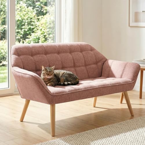 48" Small Loveseat Sofa, Modern Linen Fabric Mini Sofa Couch 2-Seater Love Seat with Quilting Backs and Wood Legs for Living Room, Bedroom and Small Space, Pink - color: Pink