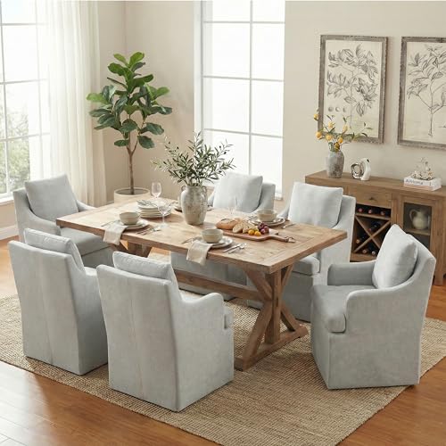 VKNOW Upholstered Dining Chairs Set of 6, Dining Room Chairs with Casters | Modern Rolling Dining Chairs with Armrest, Soft Chenille Fabric, Washable Cover, Easy Assembly, Living Room, Bedroom, Grey - color: Light Grey, size: 6