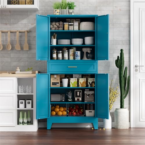 71" Tall Farmhouse Pantry Cabinet,Metal Cabinet with Adjustable Shelves and Doors,Storage Cabinet for Kitchen Garage,Blue 1 Pack - color: Blue, size: 15.8"D x 31.5"W x 71"H-2