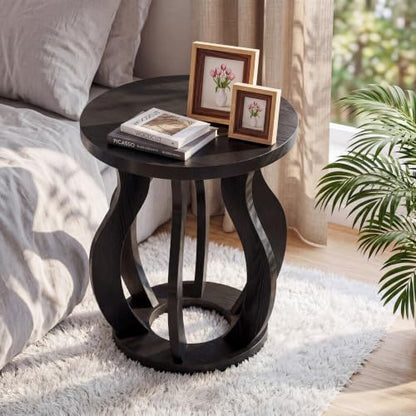 Tribesigns Round End Side Table Set of 2: Farmhouse Wooden Side Table for Living Room, Bedside Nightstand with Curved Frame, Accent Nightstand for Bedroom, Small Spaces, Black(2PC) - color: Black