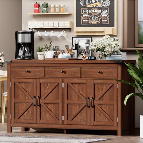 VVFLU 63" Sideboard Buffet Cabinet with Storage, Coffee Bar with 3 Drawers and 4 Barn Doors, Long Wider Storage Cabinet Modern Farmhouse, Cherry Wood, for Kitchen, Dining Room, Living Room - color: Cherry/Wood, size: 15.7"D x 63"W x 35.2"H