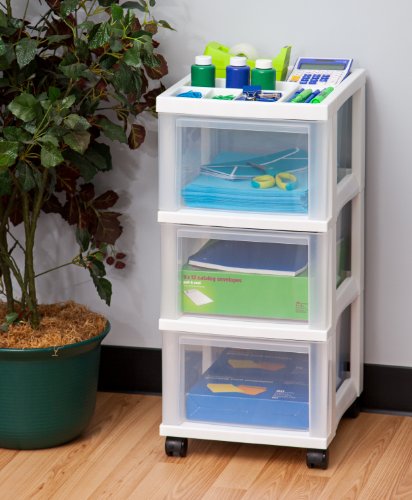 IRIS USA 3-Drawer Rolling Storage Cart, White/Clear | Keep classroom supplies, teacher essentials, craft materials, and learning tools organized with easy-access drawers. - size: 3 Drawer
