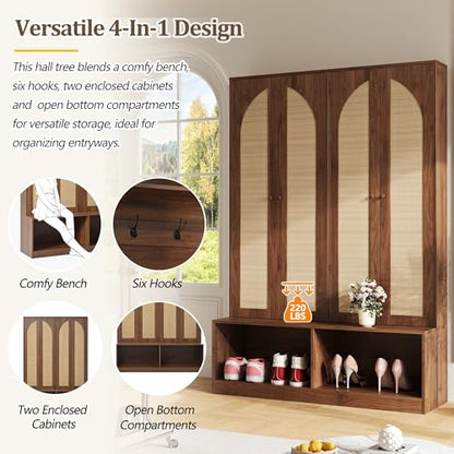 JIVOIT Bohemian Farmhouse Widen Hall Tree with 4 Rattan Doors, Versatile 4-In-1 Hall Tree, Mid-Century Entryway Shoe Cabinet with Adjustable Shelf and 6 Hooks, Seating Bench for Living Room - color: Walnut//53