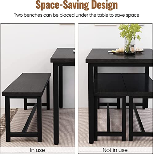 Dining Room Table Set with 2 Benches, Farmhouse Dining Table Set for 4-6, Wood Breakfast Table Set Dinner Table Set Kitchen Table and Chairs for Breakfast Nook Small Spaces, Black - color: Black