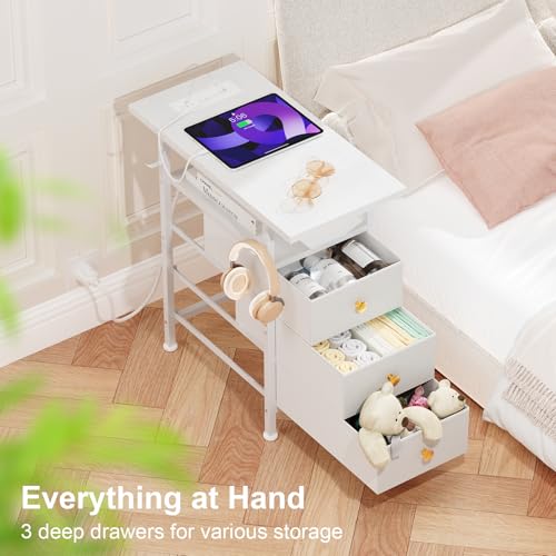 Narrow Dresser with Charging Station, Slim Dresser with 3 Fabric Drawers and Shelf, Skinny Nightstand with LED Light, Bedside Table Dresser for Bedroom, Living Room, Small Spaces, White