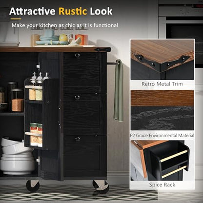 Kitchen Island, Rolling Kitchen Cart with Power Outlet | Built-in power outlet, 2 AC outlets and 2 USB ports, easy charging for coffee maker, juicer, toaster, or devices - color: Black + Particle Board+mdf