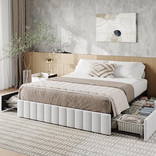 Allewie Queen Size Platform Bed Frame with 4 Large Storage Drawers, Velvet Vertical Channel Tufted Upholstered Bed Base, Wooden Slats Support, Noise-Free, No Box Spring Needed, Easy Assembly, White - color: White, size: Queen