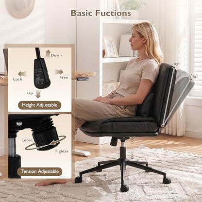 Armless Criss Cross Office Chair with Wheels,PU Leather Black | 5.5" Double Layers Thickened Seat Cushion and Backrest,Lumbar Pillow,Swivel Chair,Wide Comfortable Cross Legged,320LBS - color: Black