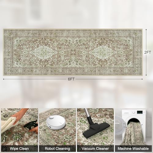 Green Washable Vintage Runner Rug, 2x6 Boho Bedroom Area Rugs, Soft Non Slip Floral Entryway Carpet Runners, Indoor Low Pile Carpets for Kitchen Hallway Bedside - color: Green, size: 2' x 6' (Rectangular)