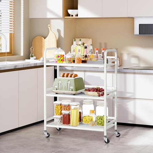 HDANI 3 Tier Metal Utility Multipurpose Rolling Cart,Large Capacity Heavy Duty Rolling Cart with 2 Lockable Wheels for Home,Office,Kitchen,Bathroom,Bedroom,White - color: White, size: Large Solid