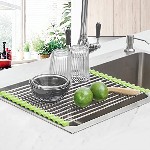 Seropy Roll Up Dish Drying Rack Over The Sink Drying Rack for Kitchen Counter, Rolling Dish Rack Over Sink Mat, Foldable Dish Drainer Stainless Steel Rack Kitchen Organization Green 17.5"x11.8" - color: Green, size: 17.5 x 11.8 in