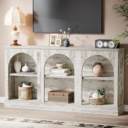 Tribesigns Console Table with Storage, 63" Long Arched Entryway Table | 3 Tier Wooden Farmhouse Rectangular Sofa Table Behind The Couch for Entrance, Hallway, Living Room, Distressed White - color: Distressed White
