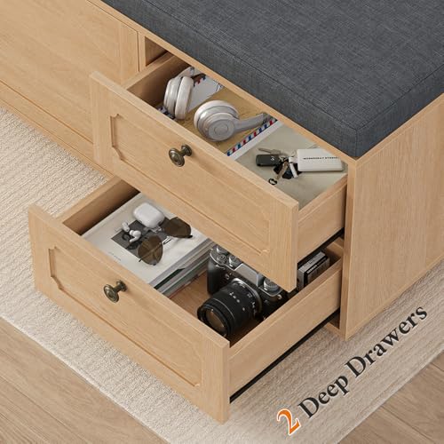 59" Storage Bench with Drawer, 2-Tier Shoe Bench with Doors, Long Entryway Bench, Thickened Cushion, Adjustable Shelf, Recessed Design for Entryway, Bedroom, Living Room, Natural
