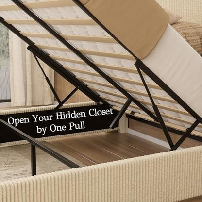 King Bed Frame with Lift Up Storage, 51.2" Tall Headboard and Upholstered Wingback Platform Bed Frame, Hydraulic Support, No Box Spring Needed, Beige Corduroy - size: King (U.S.Standard)