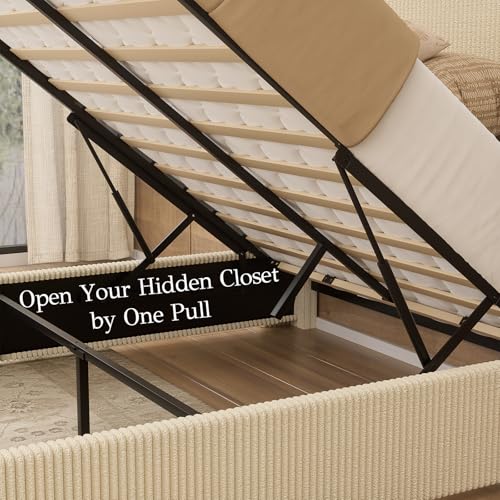 Full Bed Frame with Lift Up Storage, 51.2" Tall Headboard and Upholstered Wingback Bed Frame, Hydraulic Support, No Box Spring Needed, Beige Corduroy - size: Full (U.S.Standard)