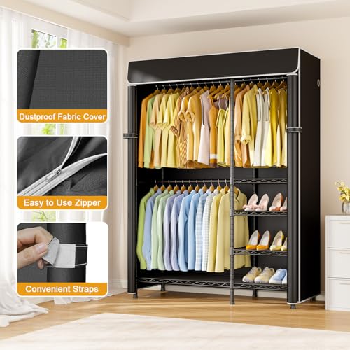 F2C Clothes Rack with Cover, Black Clothing Racks Heavy Duty | Garment Rack with Shelves for Hanging Clothes, Metal Portable Closet System, 47.2"W x 16.5"D x 78.3"H, Load 630lbs - color: Black Closet with Black Cover