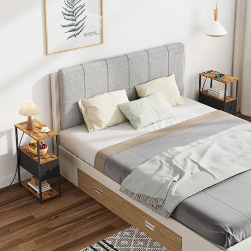 TUTOTAK Small Narrow End Table with Charging Station, Set of 2 | Side Table with Outlets, Nightstand with Cloth Drawer, Couch Table for Living Room, Bedroom, Brown and Black TB01BB058K - color: Brown and Black, style: 1 Drawer & Plug