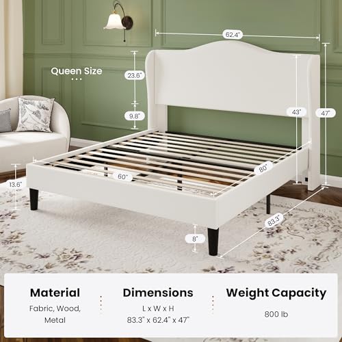 SHA CERLIN Queen Size Bed Frame with Curved Wingback Headboard,Soft White | Modern Luxury Design Velvet Platform Bed with Sturdy Wooden Slats,Noise-Free, No Box Spring Needed, Easy Assembly - color: Soft White, size: Queen