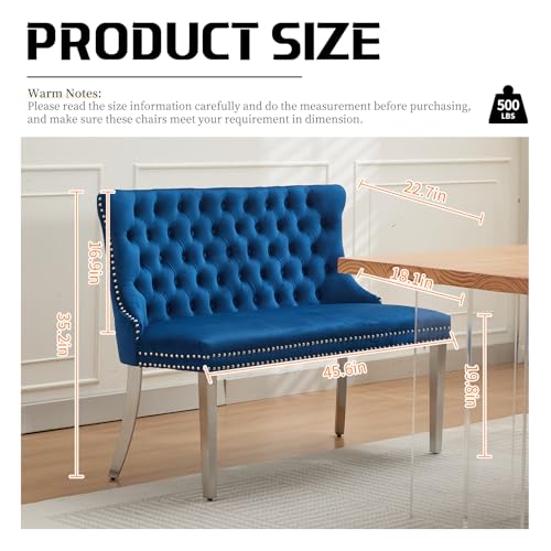Blue Velvet Dining Bench with Back, Tufted Banquette Seating, Silver Legs | Upholstered loveseat bench; tufted back; nailhead trim; 500 lb capacity; foam and spring seat; dining room or entryway - color: Blue(silver Stainless Steel Legs)