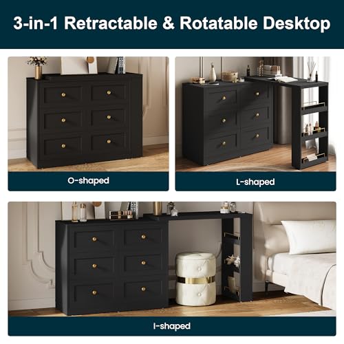 RoyalCraft Vanity Desk and Dresser Combo, 67" Extendable Big Makeup Vainty with 6 Drawer Dresser and 3 Side Shelves, Wood Corner Vanity for Bedroom, Dressing Table for Women Girlfriend, Black