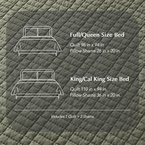 100% Cotton Modern Grid Stitch Quilt Set, Queen Size, Olive Green | Pre-Washed Cotton Coverlet Bedspread, Oversized Lightweight 3-Piece Bedding Set for All Season, with 2 Pillow Shams - color: Olive Green, size: Full/Queen (96" X 94")