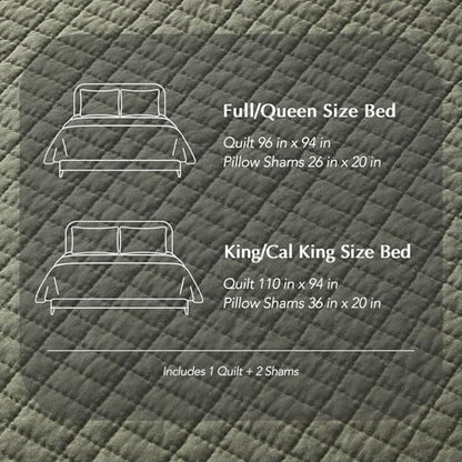 100% Cotton Modern Grid Stitch Quilt Set, Queen Size, Olive Green | Pre-Washed Cotton Coverlet Bedspread, Oversized Lightweight 3-Piece Bedding Set for All Season, with 2 Pillow Shams - color: Olive Green, size: Full/Queen (96" X 94")