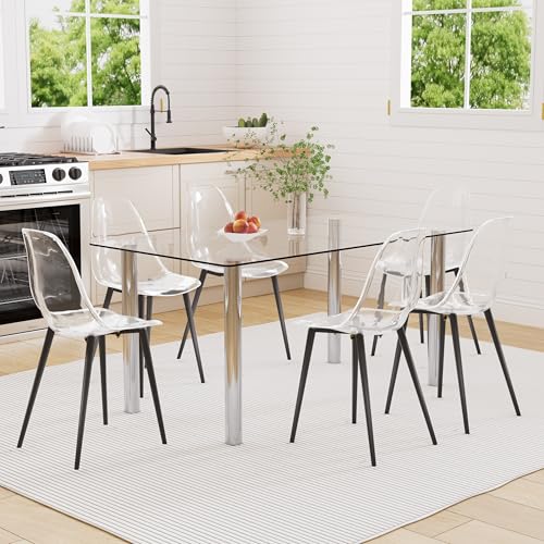 Baysitone Clear Dining Chairs Set of 6, Modern Kitchen Chairs with Transparent Seat, Acrylic Accent Side Chairs with Plating Metal Legs for Dining Room, Kitchen, Living Room with Black - color: Black, size: Set of 6