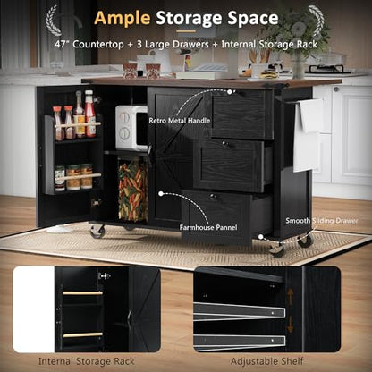 Kitchen Island, Rolling Kitchen Cart with Power Outlet | Built-in power outlet, 2 AC outlets and 2 USB ports, easy charging for coffee maker, juicer, toaster, or devices - color: Black + Particle Board+mdf