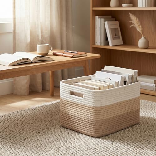 4 sets of hand-woven cotton rope storage boxes, suitable for toys, books, clothes, bathrooms, car trunks used for organizing decoration, Khaki color Two 16x14x7 in two 14x10x7in - color: Coffee color
