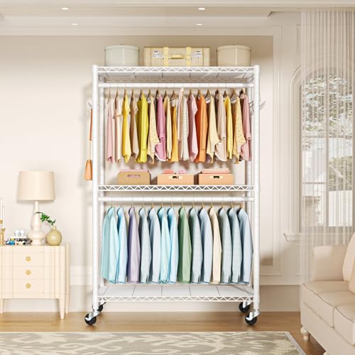 P1 Plus Rolling Clothes Rack, 22mm Diameter Heavy Duty Garment Rack | Freestanding Clothing Rack with Wheels and Double Rods, Portable Closet Wardrobe System Max Load 524lbs, White - color: White, size: P1 Plus
