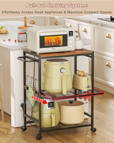 Feyejade 3-Tier Rolling Kitchen Cart with Storage, Compact Metal Island | Compact size for pantry storage, adjustable shelf utility cart, pull out drawer, microwave stand table top open shelving