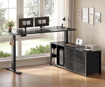 SEDETA L Shaped Electric Standing Desk with 6 Fabric Drawers, 55" x 55" Height Adjustable Office Executive Desk with Storage Shelves, Stand up Computer Desk with Power Outlet (Black) - color: Black