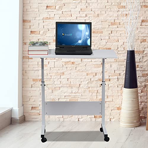 Sofa Side Table C Shaped End Table with Wheels, Rolling Bedside Laptop Table Snack Table TV Tray, Height Adjustable, Wooden Top & Metal Frame (White) - color: White, 31.5"