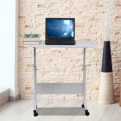 Sofa Side Table C Shaped End Table with Wheels, Rolling Bedside Laptop Table Snack Table TV Tray, Height Adjustable, Wooden Top & Metal Frame (White) - color: White, 31.5"