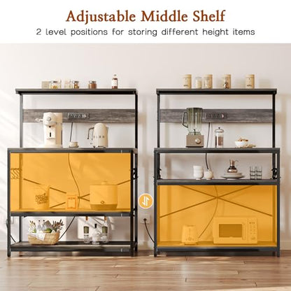 SUPERJARE Bakers Rack with Power Outlets, Microwave Stand, 39.4 X 14.3 Inch Larger Desktop, Kitchen Storage Rack with Adjustable Middle Shelf, 6 S-Shaped Hooks, Coffee Bar Stand, Grey - color: Charcoal Gray, size: 39.4inch
