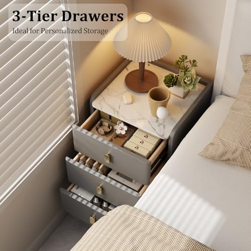 AQIMUELE Narrow Nightstand with Drawers, Narrow Side Table Leather, Small Bedside Tables for Bedroom. (Dark Gray) - color: Dark Gray, size: 15.7''W x 15"D x 22.8"H