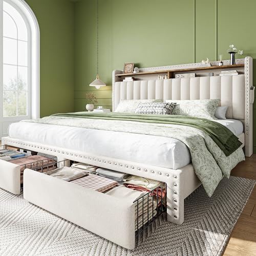 EnHomee King Size Bed Frame with 2 Drawer & 2-Tier Storage Headboard Shelf | 2 side pockets, Under-Bed space, Fabric upholstered, 1000lbs for bedroom apartment, Noise-Free, Easy Assembly, Beige - color: Beige, size: King