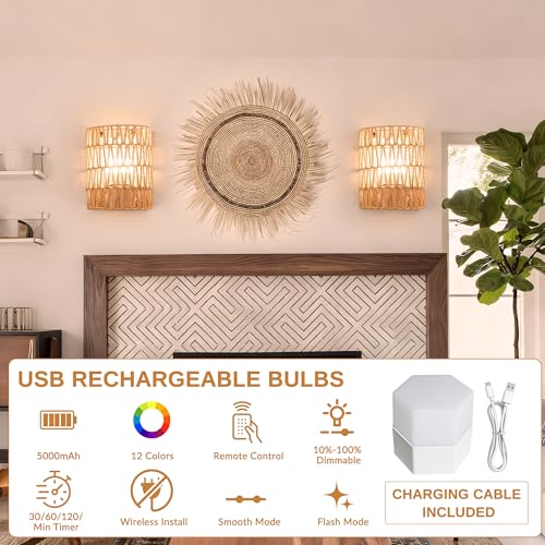 Battery Operated Wall Sconce，Boho Rechargeable Wireless Wall Sconce Rattan | 5000mAh RGB Dimmable Rechargeable Wicker Rattan Wall Lamp Boho Stepless Dimming for Bedrooms, Bathroom,Passway, Living Room